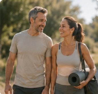 Pareja caminando al aire libre después de entrenar